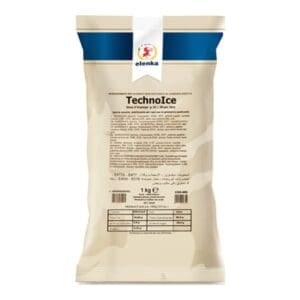 A 1kg bag of Elenka TechnoIce ice cream stabilizer powder, with product information and nutrition facts printed on the front.