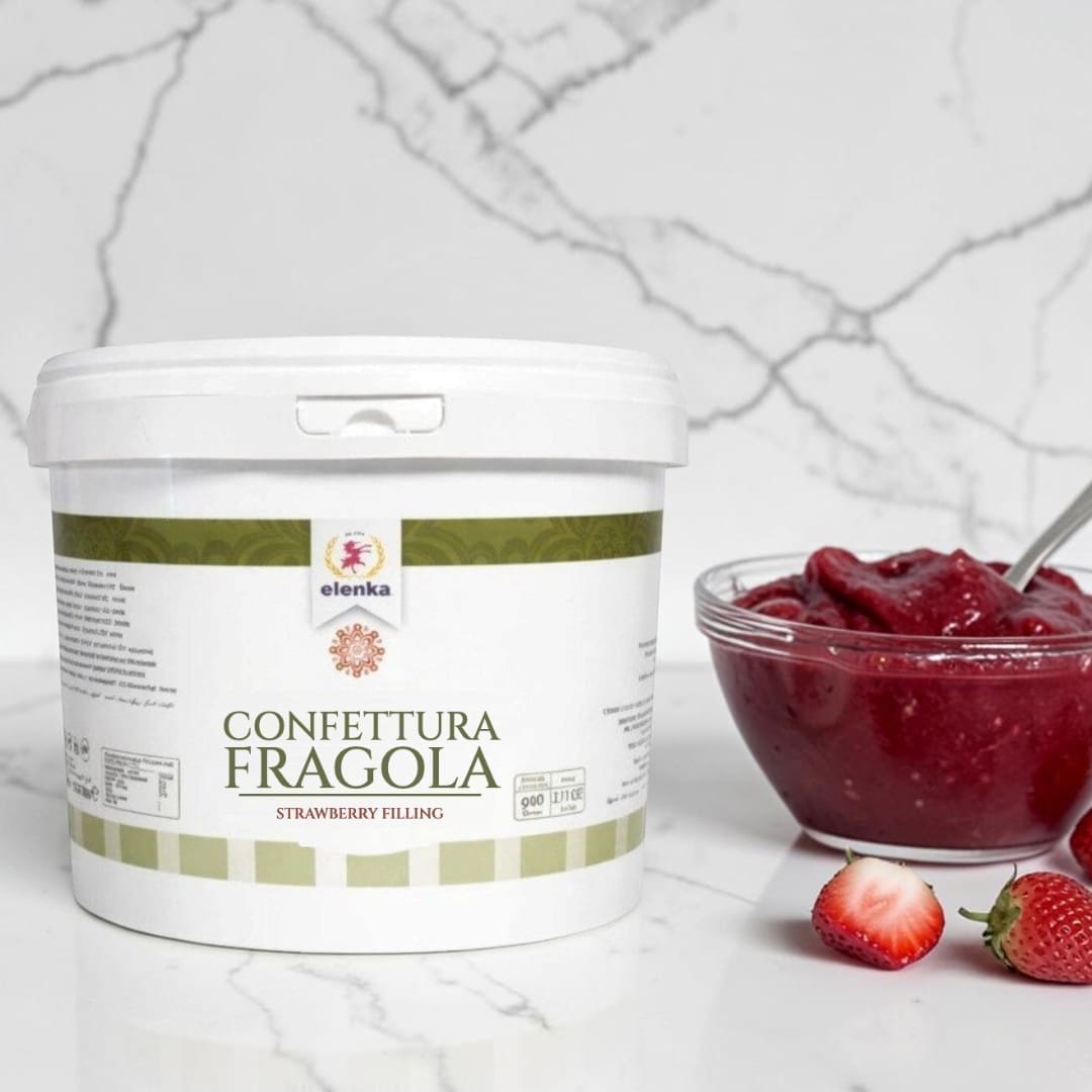 Elenka Confettura Fragola pail with a bowl of strawberry filling