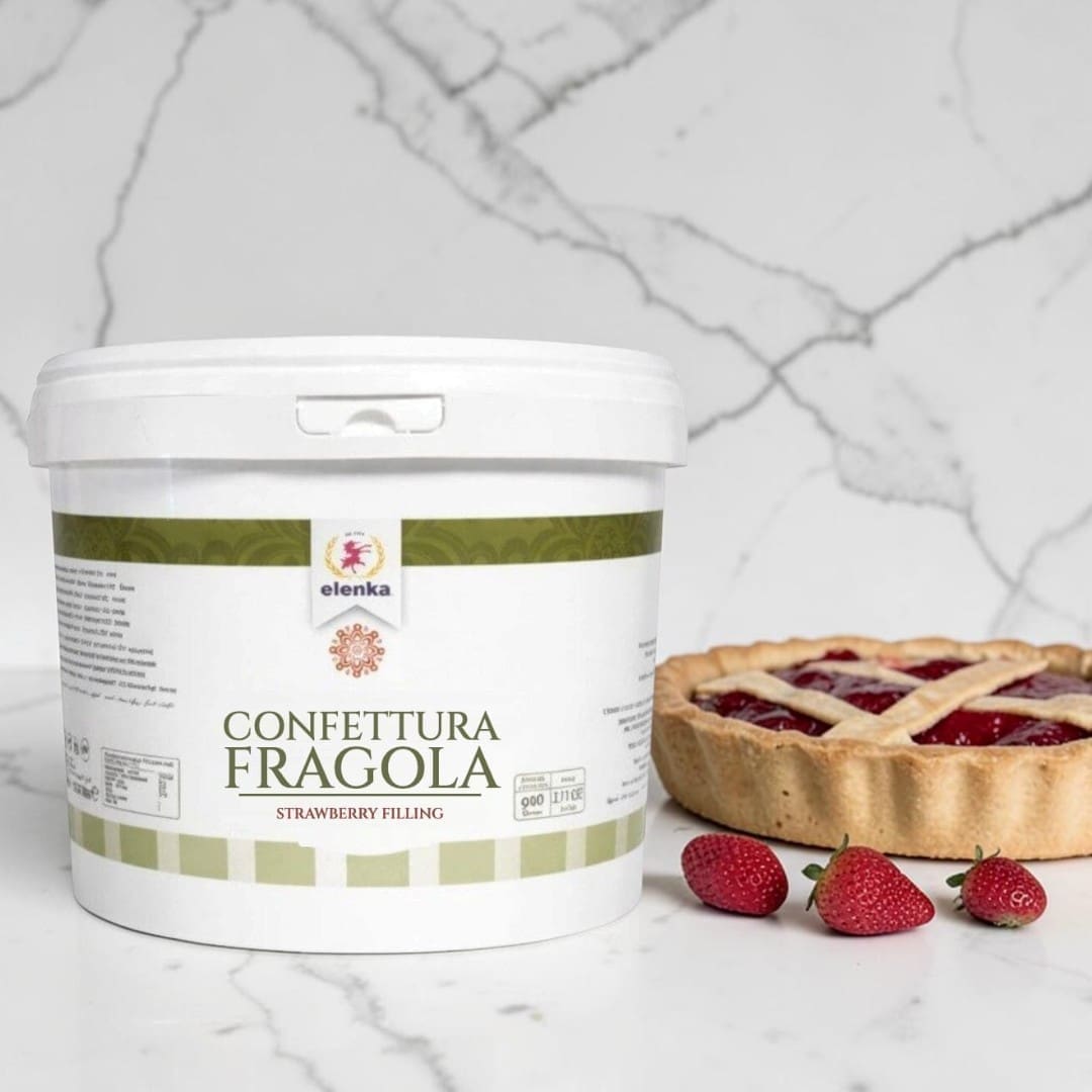 Elenka Confettura Fragola pail with a strawberry jam crostata