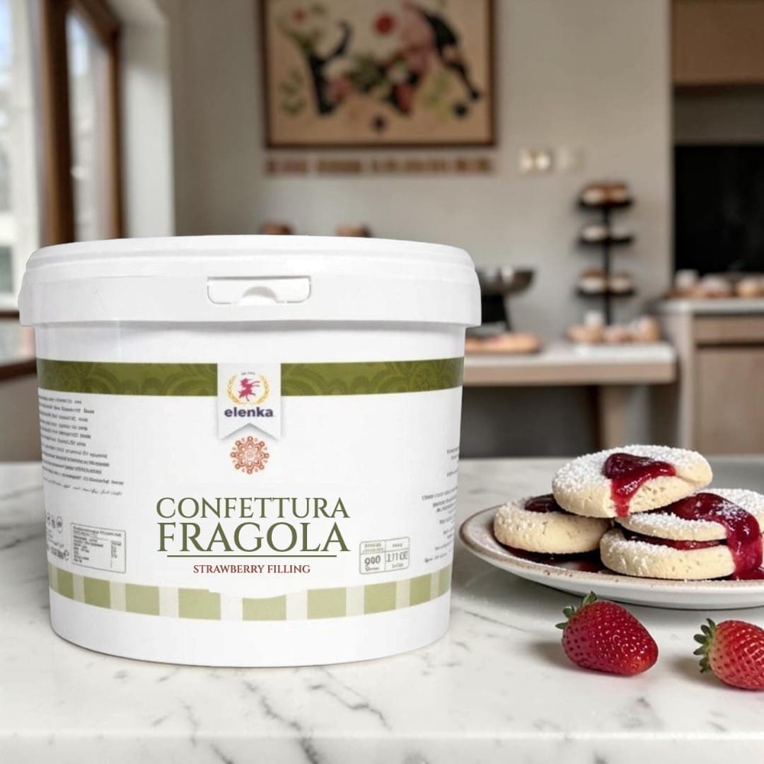 Elenka Confettura Fragola pail with strawberry jam sandwich cookies