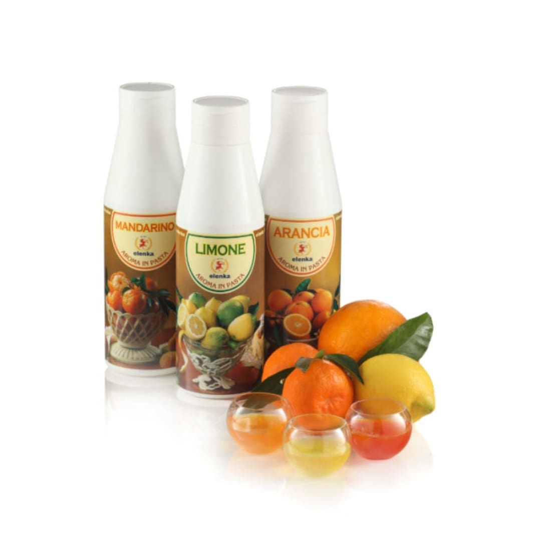 Elenka Aroma in Pasta Mandarino, Limone and Arancia flavouring paste bottles with citrus fruit