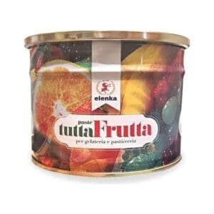 A colorful tin labeled “Elenka Tutta Frutta” featuring images of assorted fruits, used for gelato and pastry making. The label is white with red and green text and gold lid.