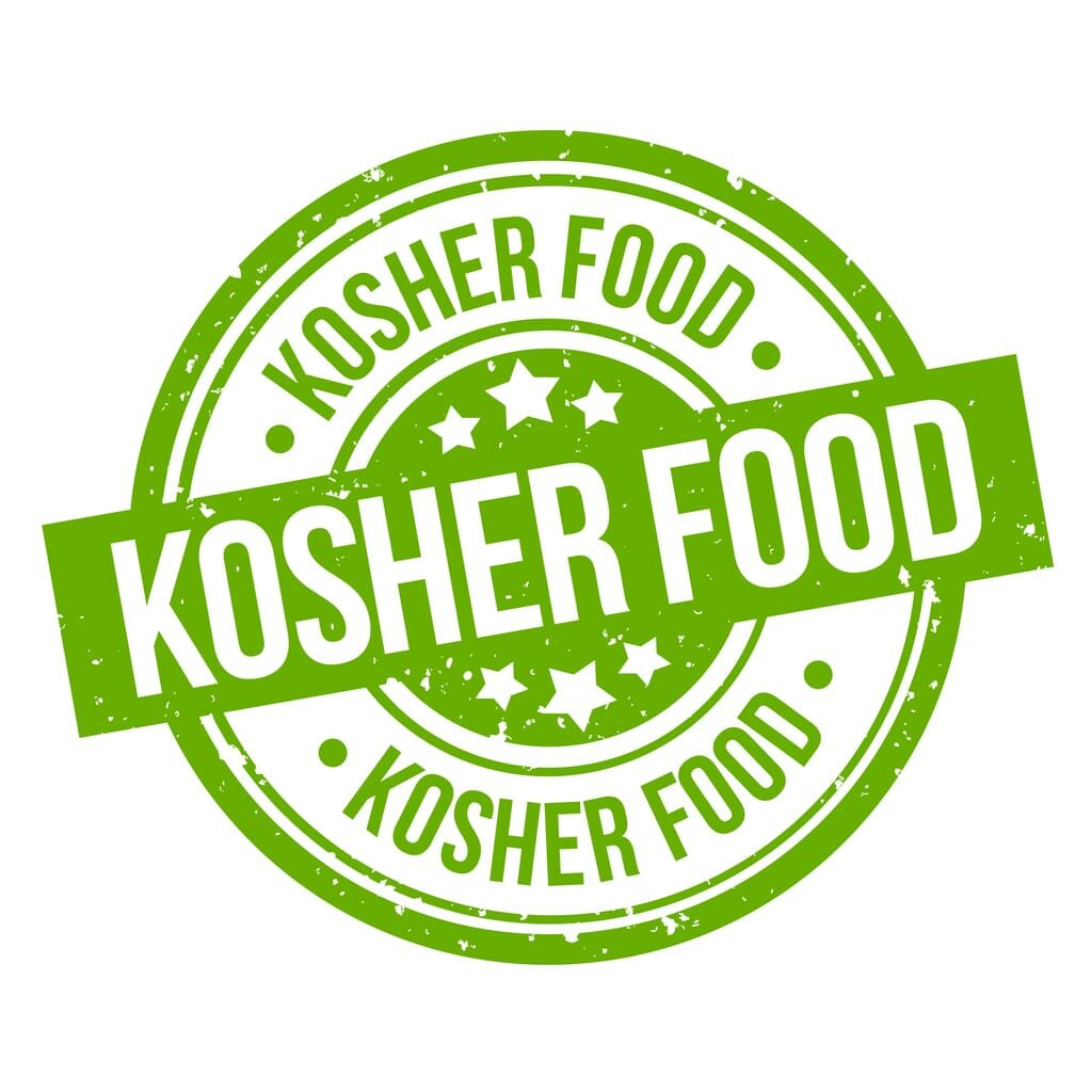 Green circular stamp with "KOSHER FOOD" in bold white letters across the middle. The border also features "KOSHER FOOD" in smaller text, accompanied by star designs within the circle. A symbol of authenticity for Italian products adhering to kosher standards.