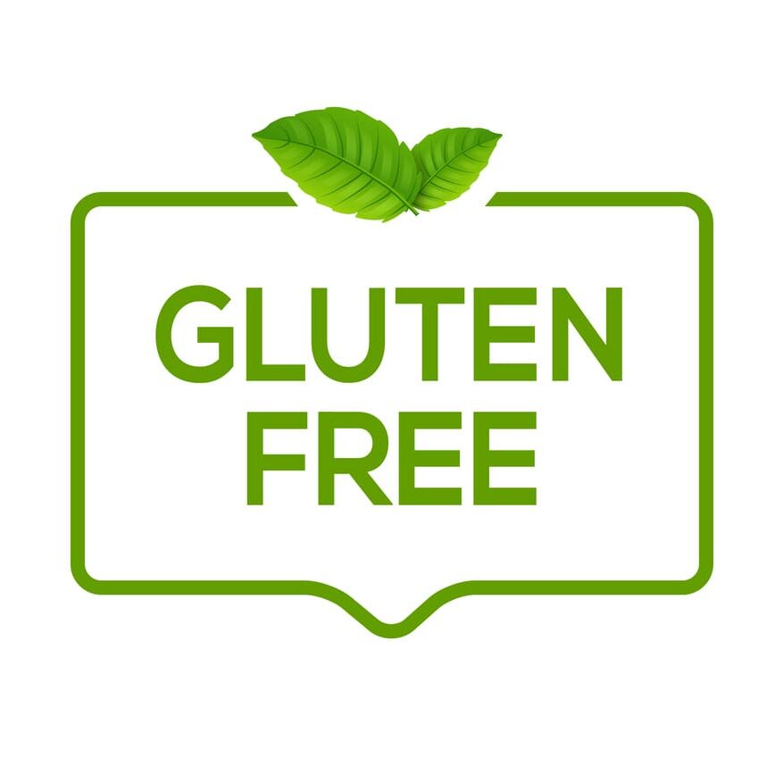 The image features the words "Gluten Free" in bold green letters inside a green outlined rectangle, topped with two green leaves. This design echoes the essence of natural and healthy Italian products.